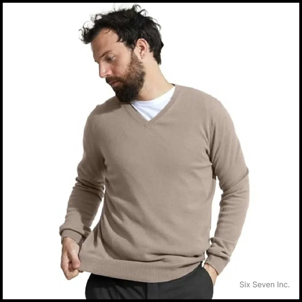 Men's Cashmere V-Neck Sweater Classic Long Sleeve Pullover Luxe Tailored Fit
